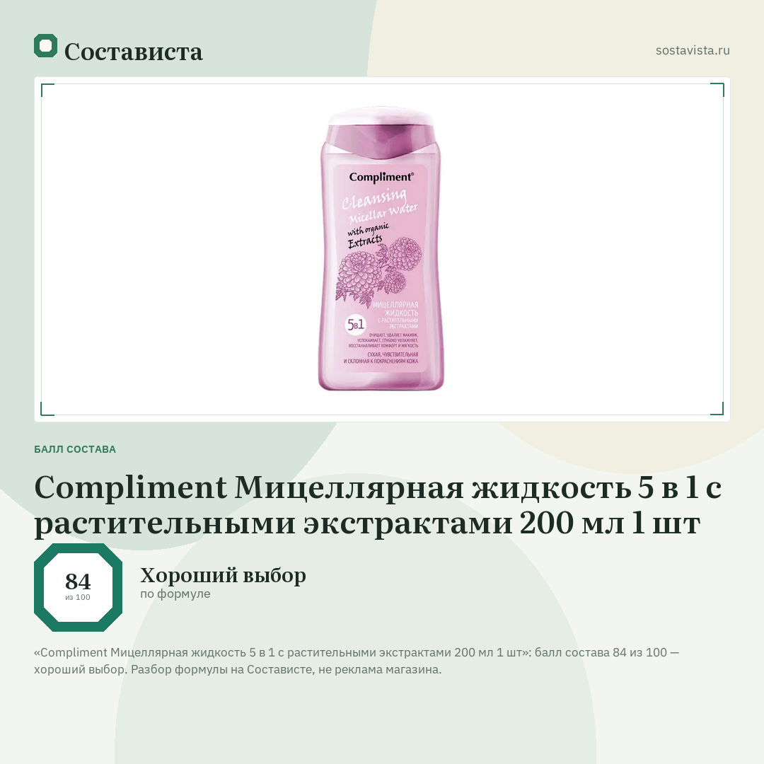 Compliment Мицеллярная жидкость 5 в 1 с растительными экстрактами 200 мл 1 шт: балл состава 84 из 100 — Состависта