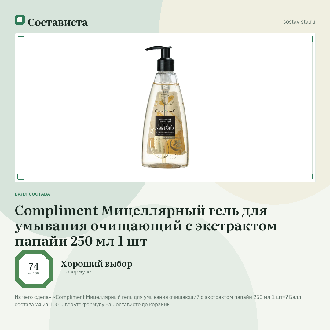 Compliment Мицеллярный гель для умывания очищающий с экстрактом папайи 250 мл 1 шт: балл состава 74 из 100 — Состависта