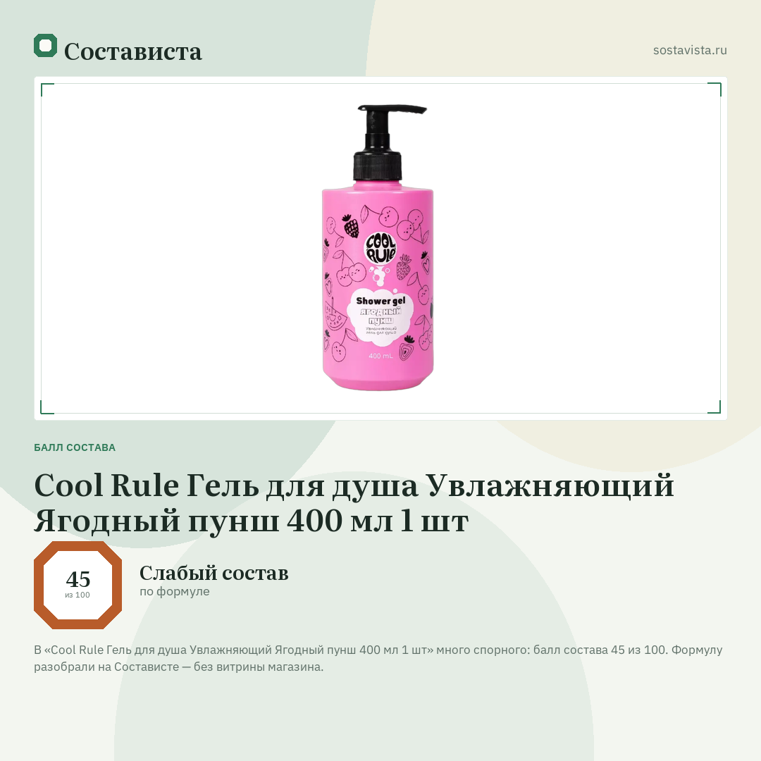 Cool Rule Гель для душа Увлажняющий Ягодный пунш 400 мл 1 шт: балл состава 45 из 100 — Состависта