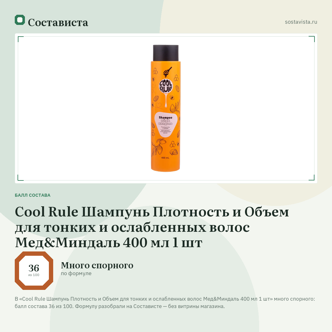 Cool Rule Шампунь Плотность и Объем для тонких и ослабленных волос Мед&Миндаль 400 мл 1 шт: балл состава 36 из 100 — Состависта