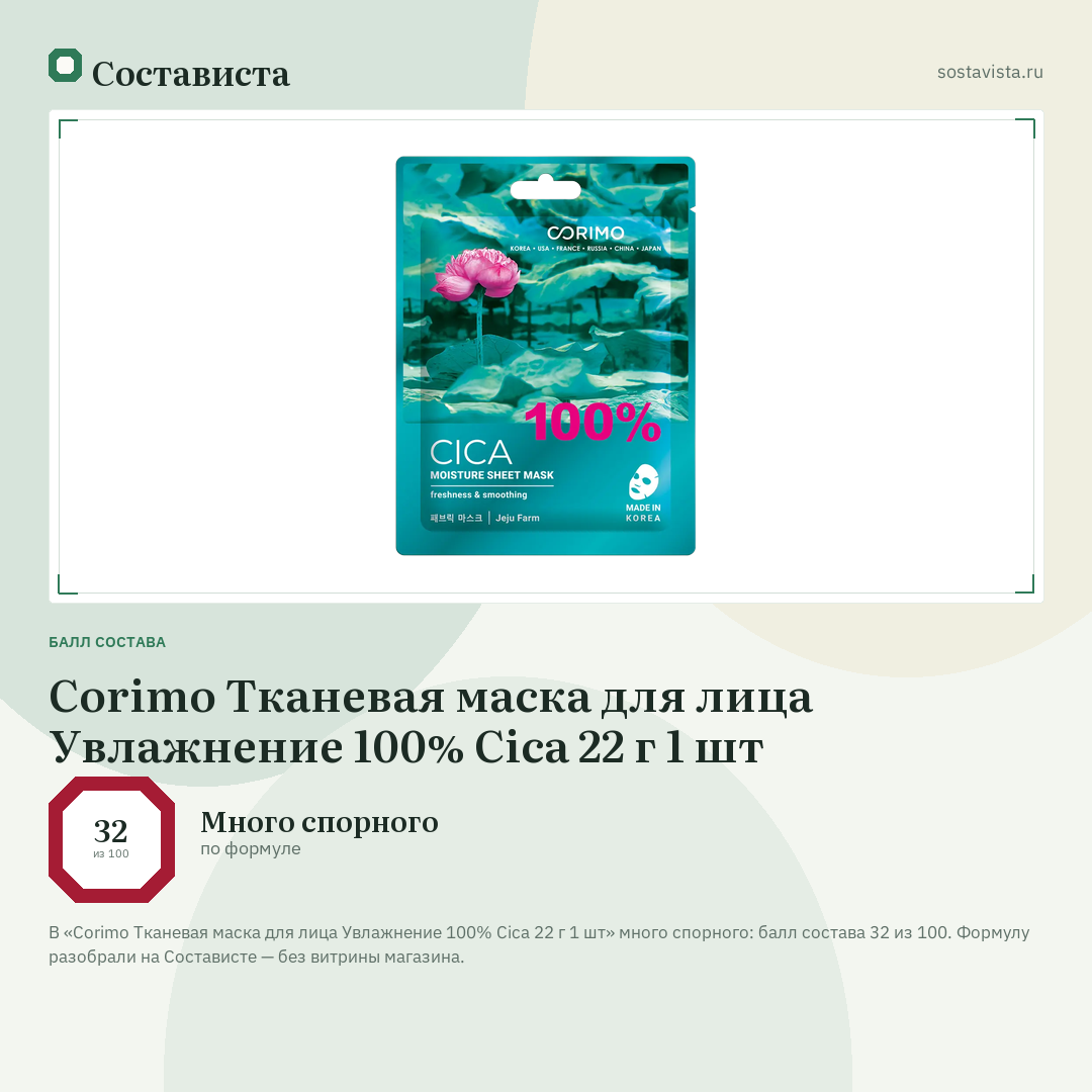 Corimo Тканевая маска для лица Увлажнение 100% Cica 22 г 1 шт: балл состава 32 из 100 — Состависта
