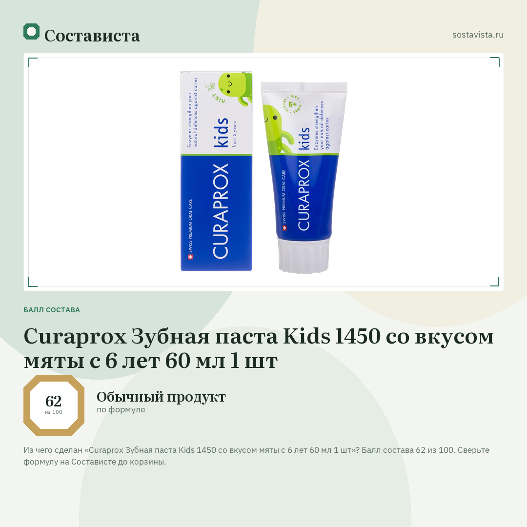 Curaprox Зубная паста Kids 1450 со вкусом мяты с 6 лет 60 мл 1 шт: балл состава 62 из 100 — Состависта