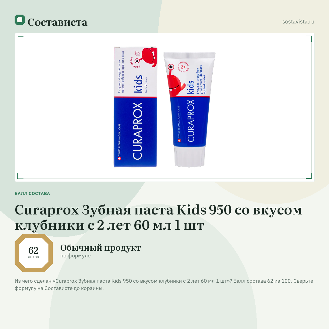 Curaprox Зубная паста Kids 950 со вкусом клубники с 2 лет 60 мл 1 шт: балл состава 62 из 100 — Состависта
