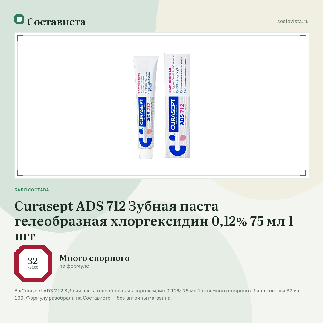 Curasept ADS 712 Зубная паста гелеобразная хлоргексидин 0,12% 75 мл 1 шт: балл состава 32 из 100 — Состависта