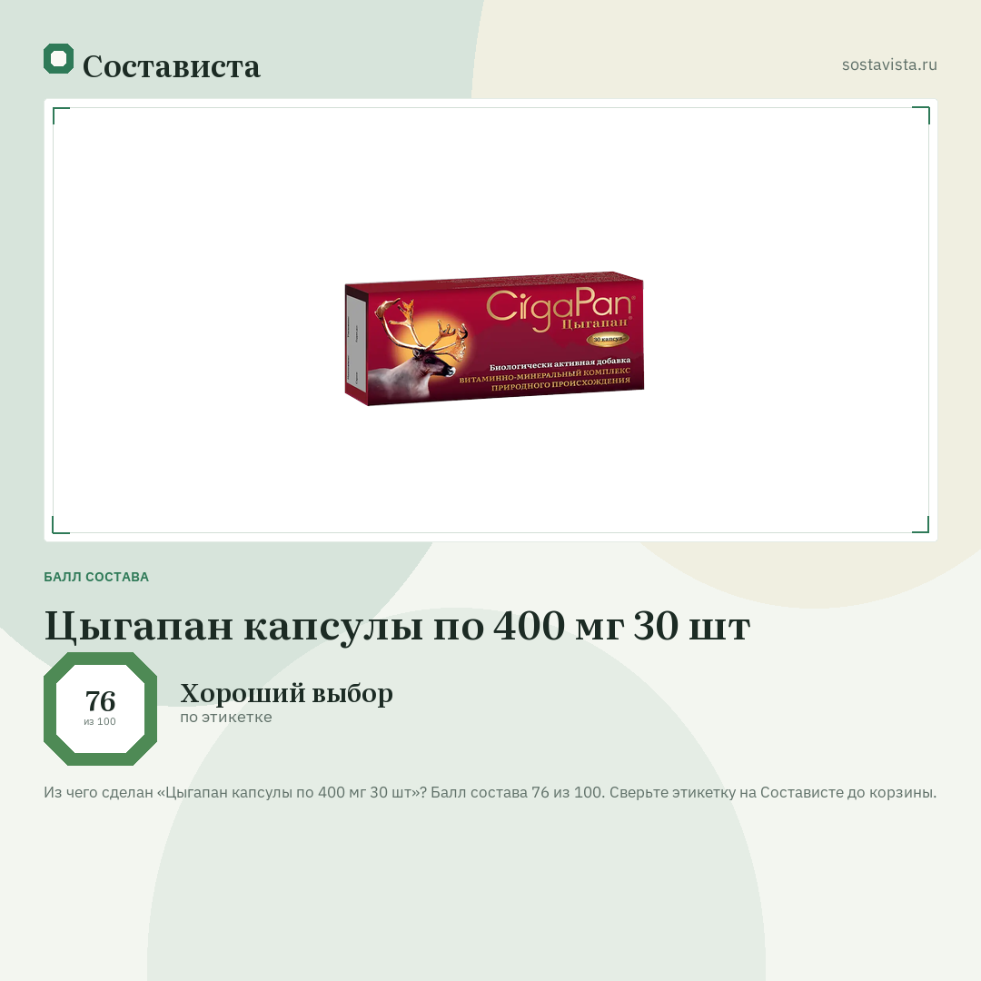 Цыгапан капсулы по 400 мг 30 шт: балл состава 76 из 100 — Состависта