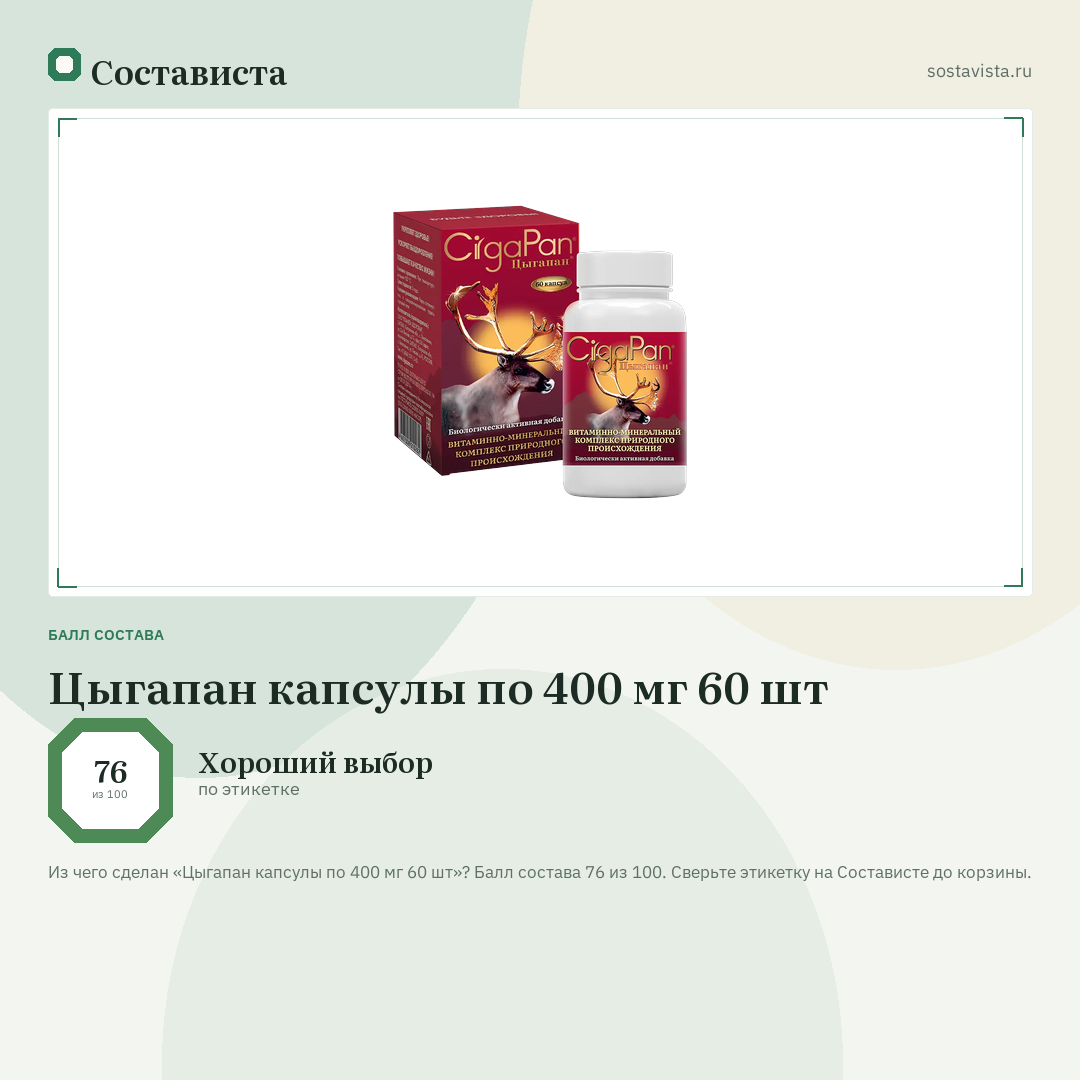 Цыгапан капсулы по 400 мг 60 шт: балл состава 76 из 100 — Состависта
