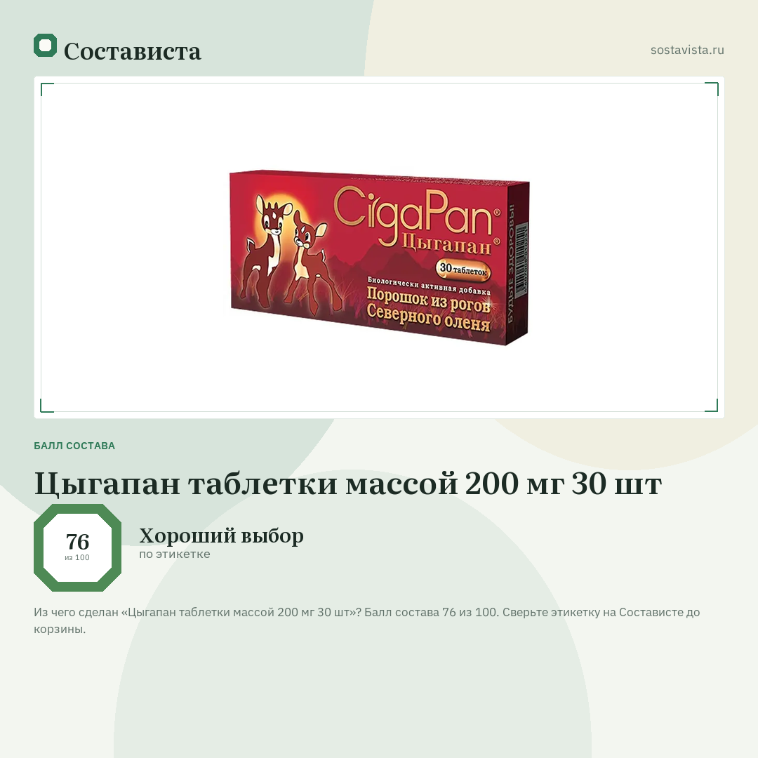 Цыгапан таблетки массой 200 мг 30 шт: балл состава 76 из 100 — Состависта