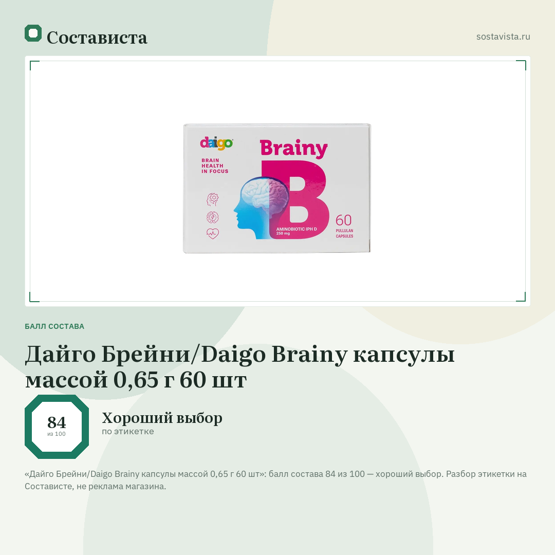 Дайго Брейни/Daigo Brainy капсулы массой 0,65 г 60 шт: балл состава 84 из 100 — Состависта