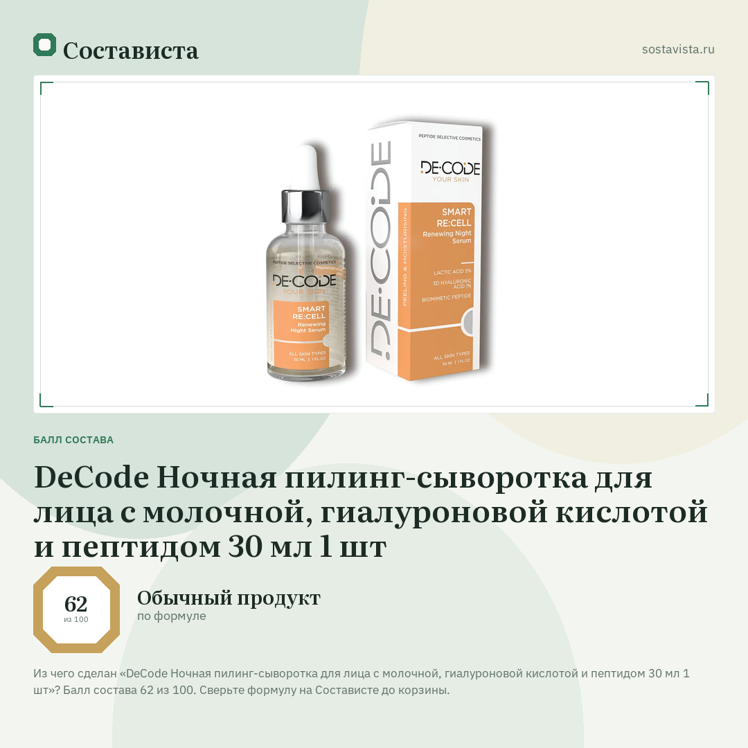 DeCode Ночная пилинг-сыворотка для лица с молочной, гиалуроновой кислотой и пептидом 30 мл 1 шт: балл состава 62 из 100 — Состависта