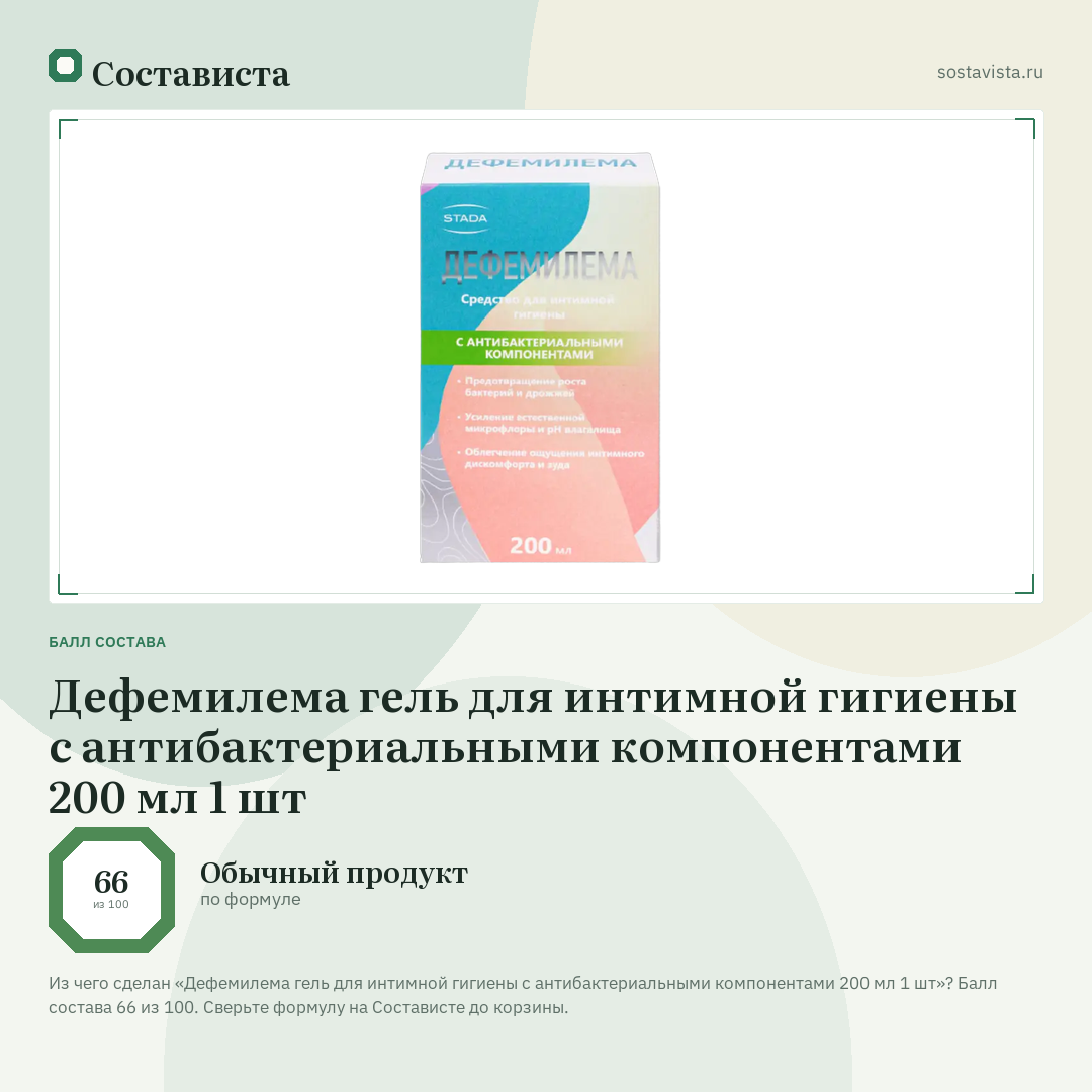 Дефемилема гель для интимной гигиены с антибактериальными компонентами 200 мл 1 шт: балл состава 66 из 100 — Состависта