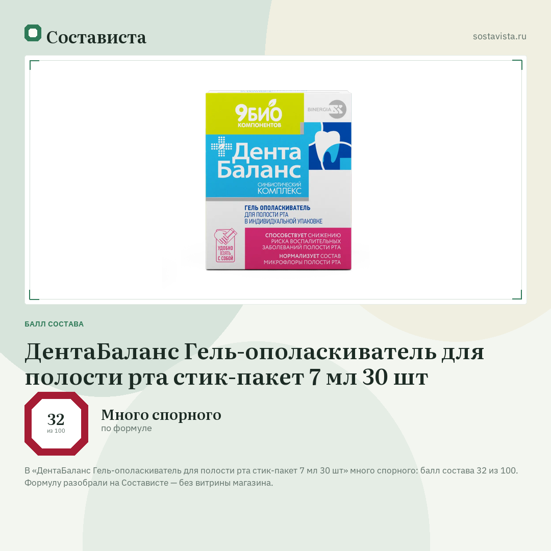 ДентаБаланс Гель-ополаскиватель для полости рта стик-пакет 7 мл 30 шт: балл состава 32 из 100 — Состависта