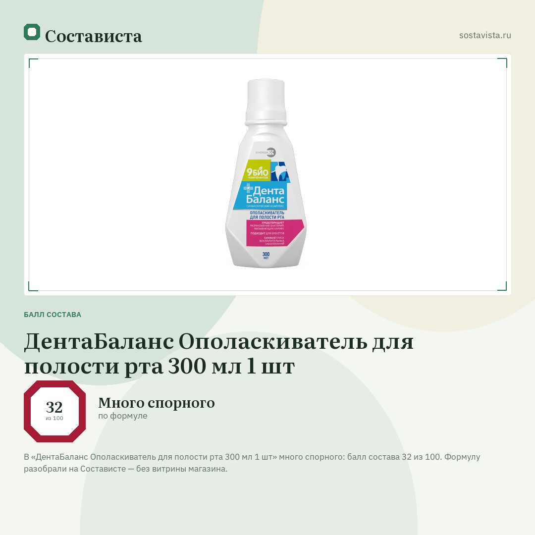 ДентаБаланс Ополаскиватель для полости рта 300 мл 1 шт: балл состава 32 из 100 — Состависта