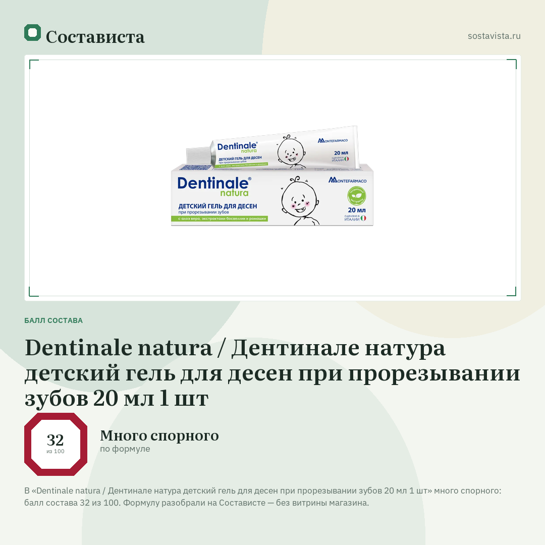Dentinale natura / Дентинале натура детский гель для десен при прорезывании зубов 20 мл 1 шт: балл состава 32 из 100 — Состависта