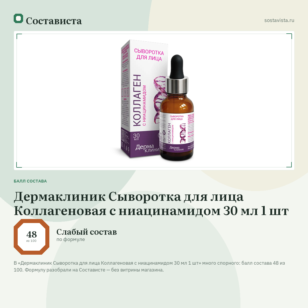 Дермаклиник Сыворотка для лица Коллагеновая с ниацинамидом 30 мл 1 шт: балл состава 48 из 100 — Состависта