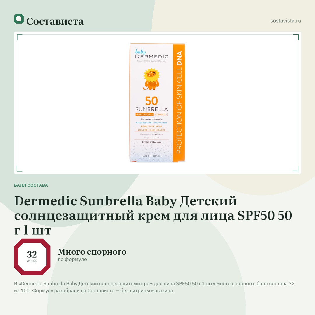 Dermedic Sunbrella Baby Детский солнцезащитный крем для лица SPF50 50 г 1 шт: балл состава 32 из 100 — Состависта