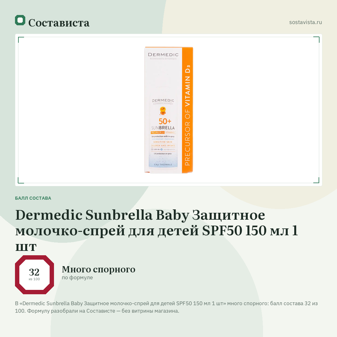 Dermedic Sunbrella Baby Защитное молочко-спрей для детей SPF50 150 мл 1 шт: балл состава 32 из 100 — Состависта