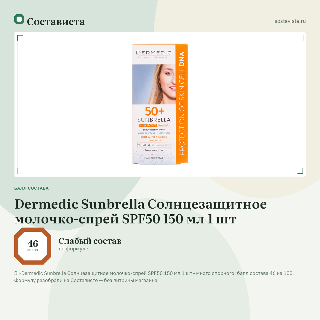 Dermedic Sunbrella Солнцезащитное молочко-спрей SPF50 150 мл 1 шт: балл состава 46 из 100 — Состависта