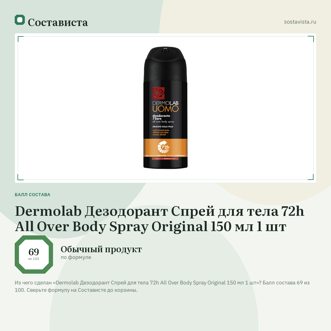 Dermolab Дезодорант Спрей для тела 72h All Over Body Spray Original 150 мл 1 шт: балл состава 69 из 100 — Состависта