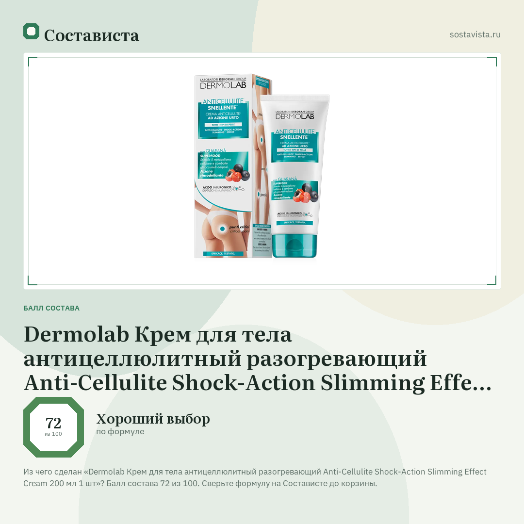 Dermolab Крем для тела антицеллюлитный разогревающий Anti-Cellulite Shock-Action Slimming Effect Cream 200 мл 1 шт: балл состава 72 из 100 — Состависта
