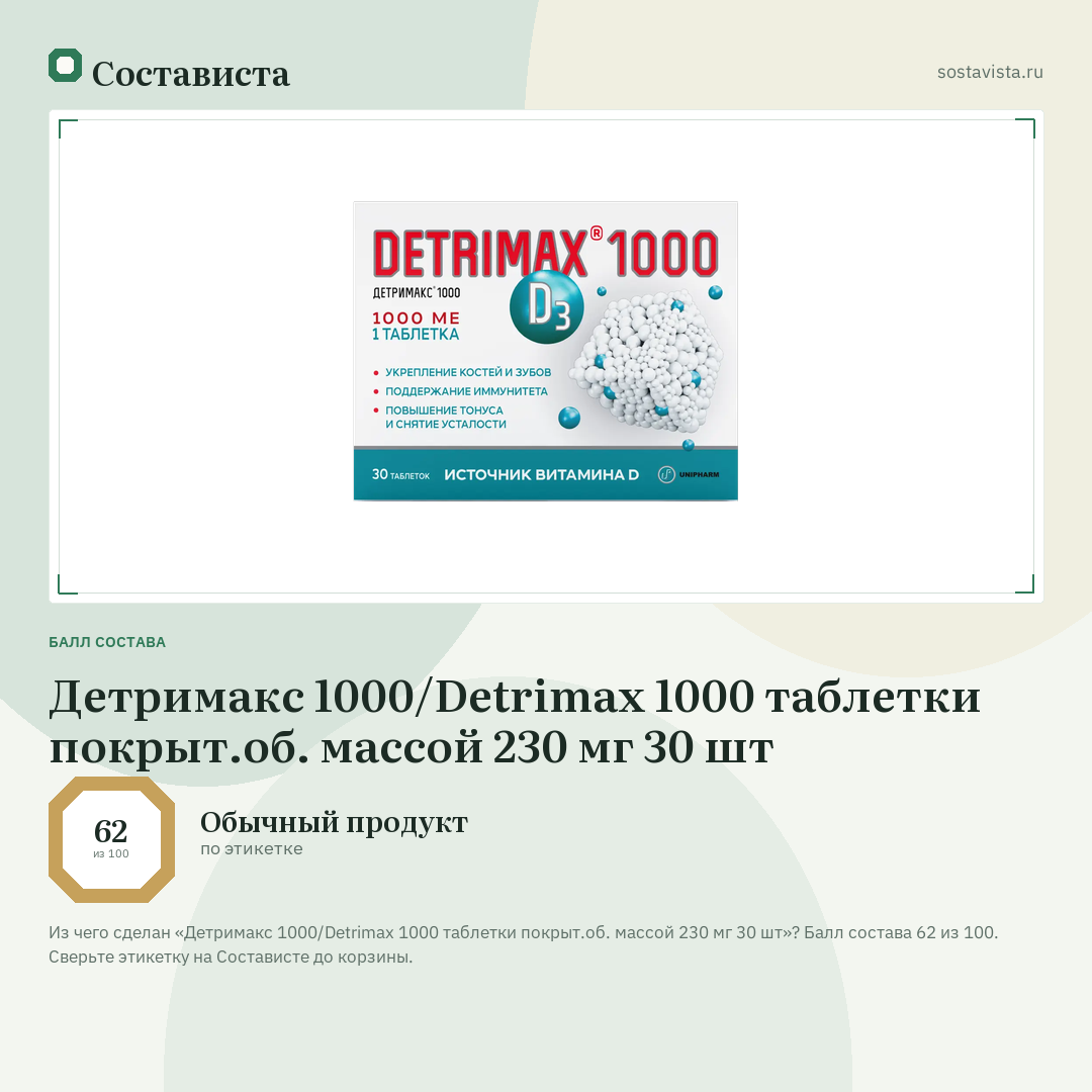 Детримакс 1000/Detrimax 1000 таблетки покрыт.об. массой 230 мг 30 шт: балл состава 62 из 100 — Состависта