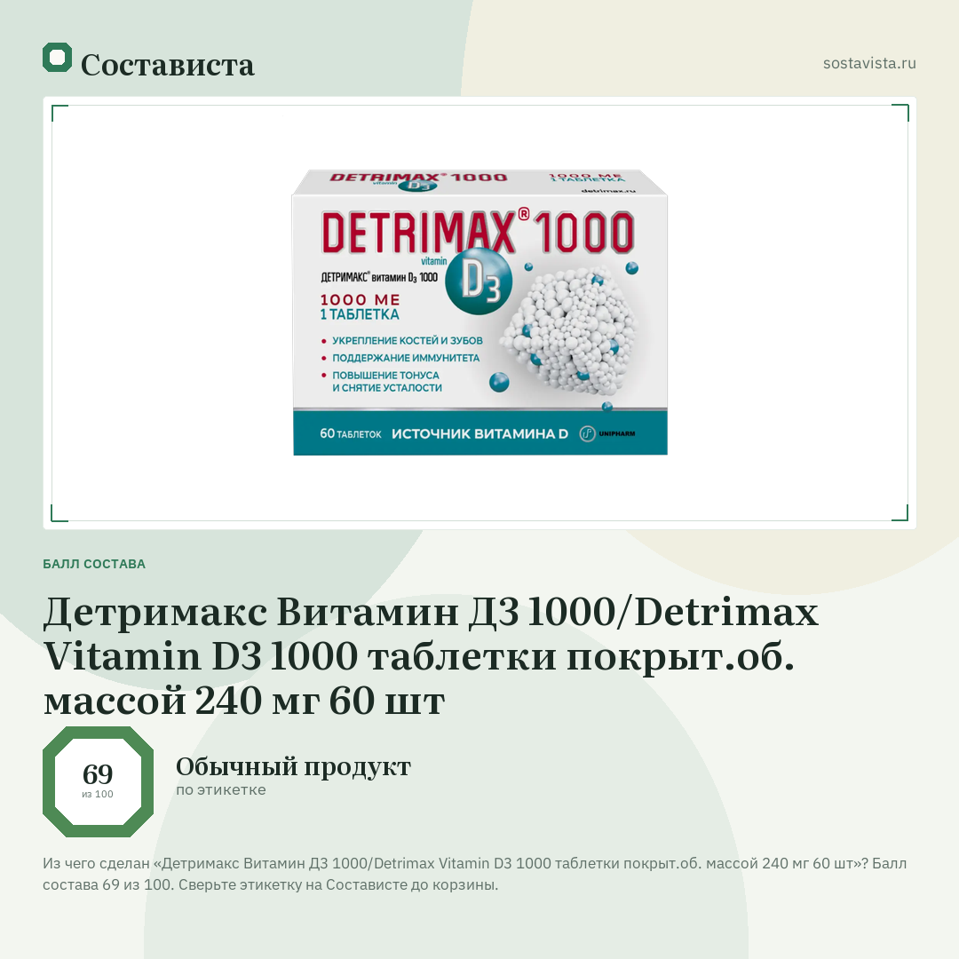 Детримакс Витамин Д3 1000/Detrimax Vitamin D3 1000 таблетки покрыт.об. массой 240 мг 60 шт: балл состава 69 из 100 — Состависта