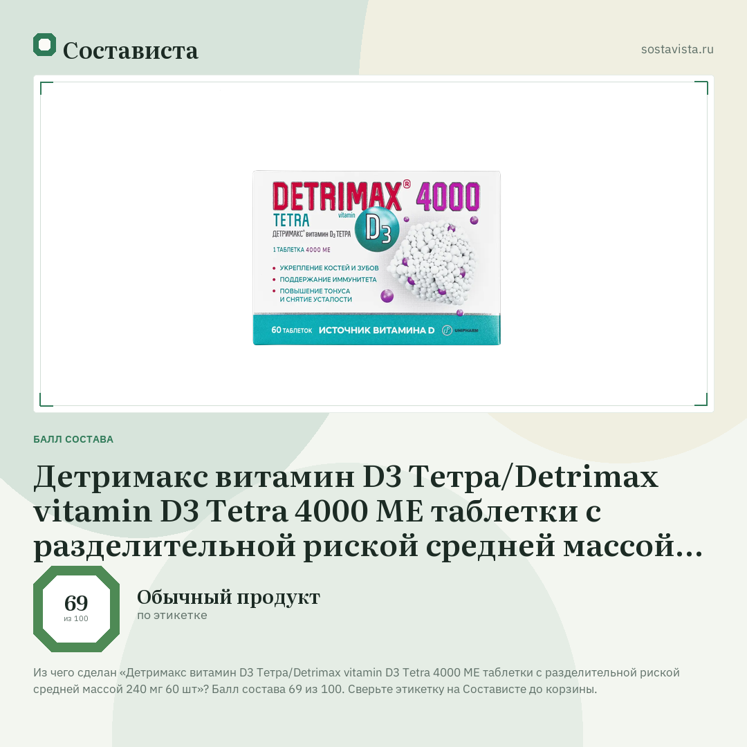 Детримакс витамин D3 Тетра/Detrimax vitamin D3 Tetra 4000 ME таблетки с разделительной риской средней массой 240 мг 60 шт: балл состава 69 из 100 — Состависта