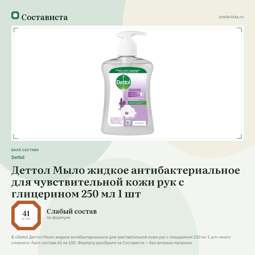 Dettol Деттол Мыло жидкое антибактериальное для чувствительной кожи рук с глицерином 250 мл 1 шт: балл состава 41 из 100 — Состависта
