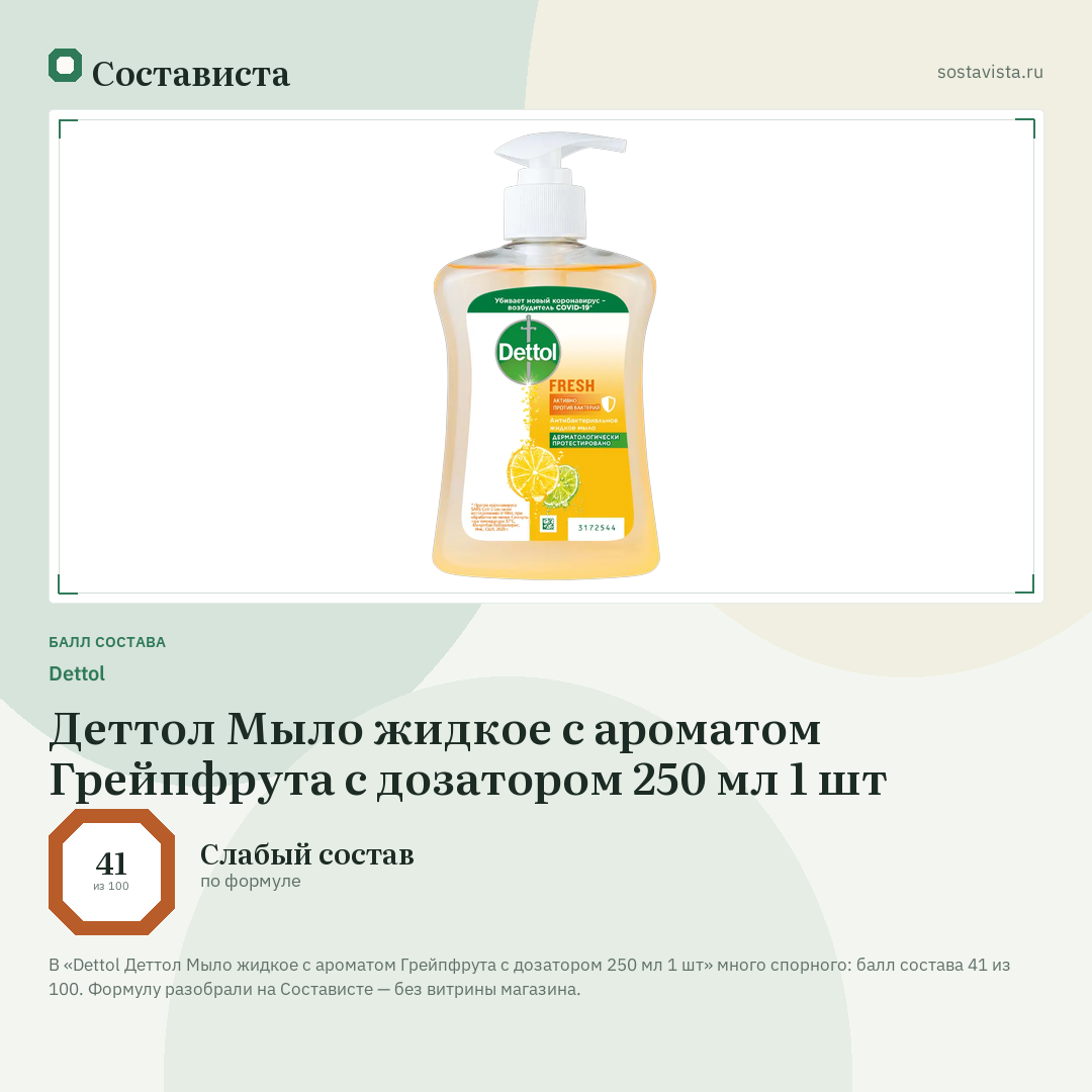 Dettol Деттол Мыло жидкое с ароматом Грейпфрута с дозатором 250 мл 1 шт: балл состава 41 из 100 — Состависта