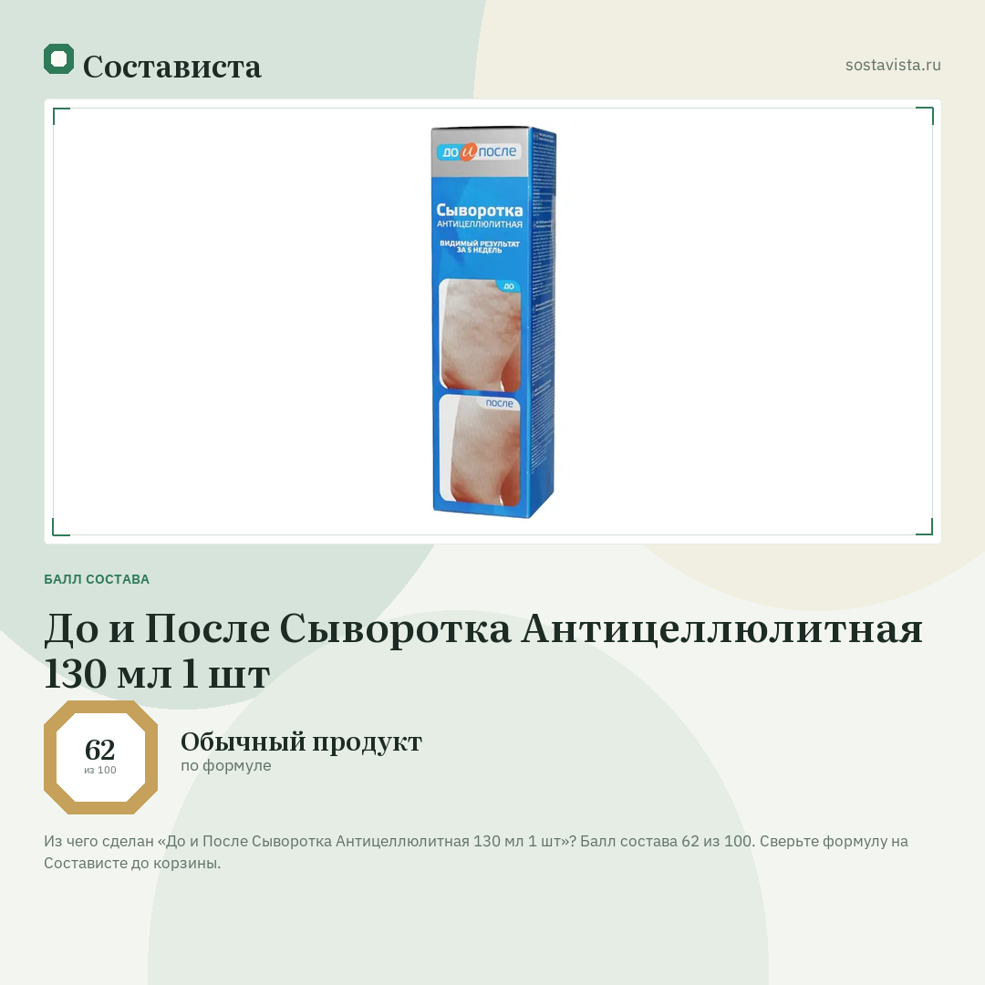 До и После Сыворотка Антицеллюлитная 130 мл 1 шт: балл состава 62 из 100 — Состависта