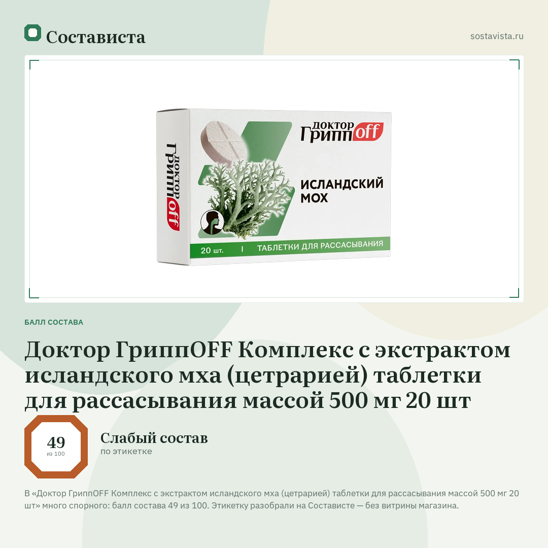 Доктор ГриппOFF Комплекс с экстрактом исландского мха (цетрарией) таблетки для рассасывания массой 500 мг 20 шт: балл состава 49 из 100 — Состависта