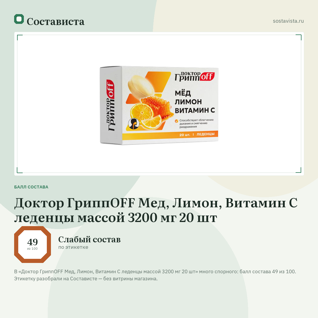 Доктор ГриппOFF Мед, Лимон, Витамин С леденцы массой 3200 мг 20 шт: балл состава 49 из 100 — Состависта