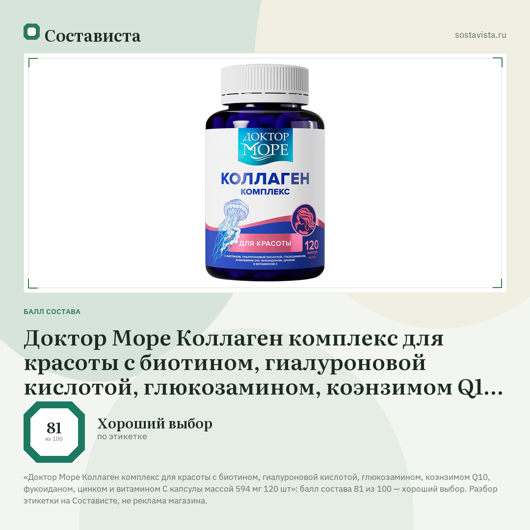 Доктор Море Коллаген комплекс для красоты с биотином, гиалуроновой кислотой, глюкозамином, коэнзимом Q10, фукоиданом, цинком и витамином С капсулы массой 594 мг 120 шт: балл состава 81 из 100 — Состависта