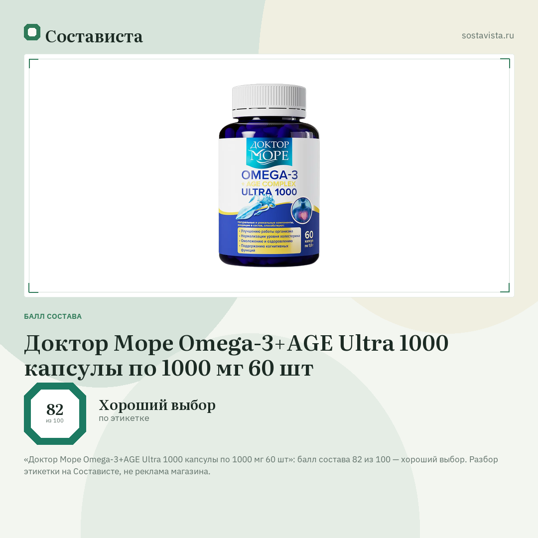 Доктор Море Omega-3+AGE Ultra 1000 капсулы по 1000 мг 60 шт: балл состава 82 из 100 — Состависта
