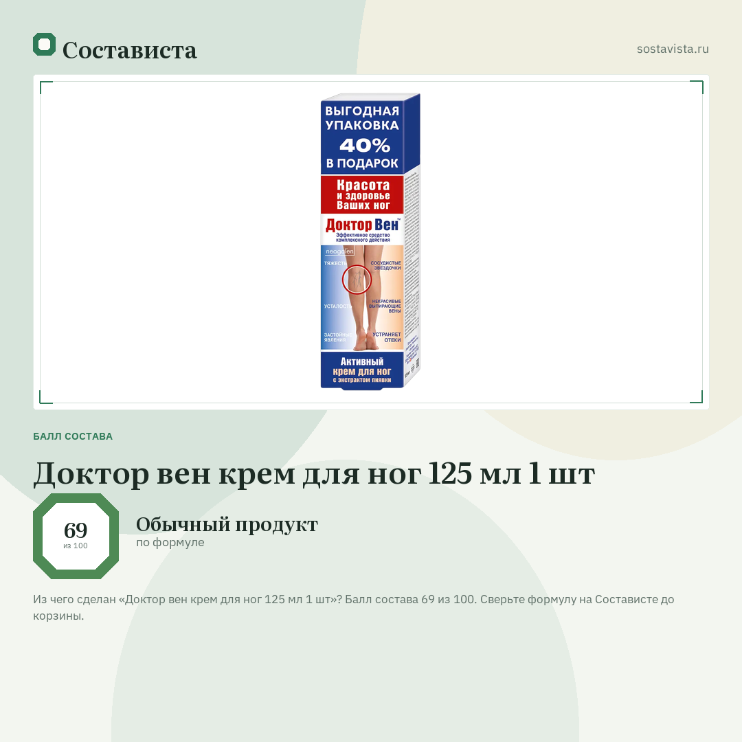 Доктор вен крем для ног 125 мл 1 шт: балл состава 69 из 100 — Состависта