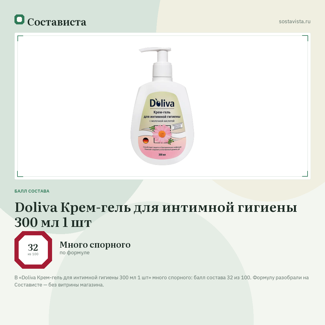 Doliva Крем-гель для интимной гигиены 300 мл 1 шт: балл состава 32 из 100 — Состависта