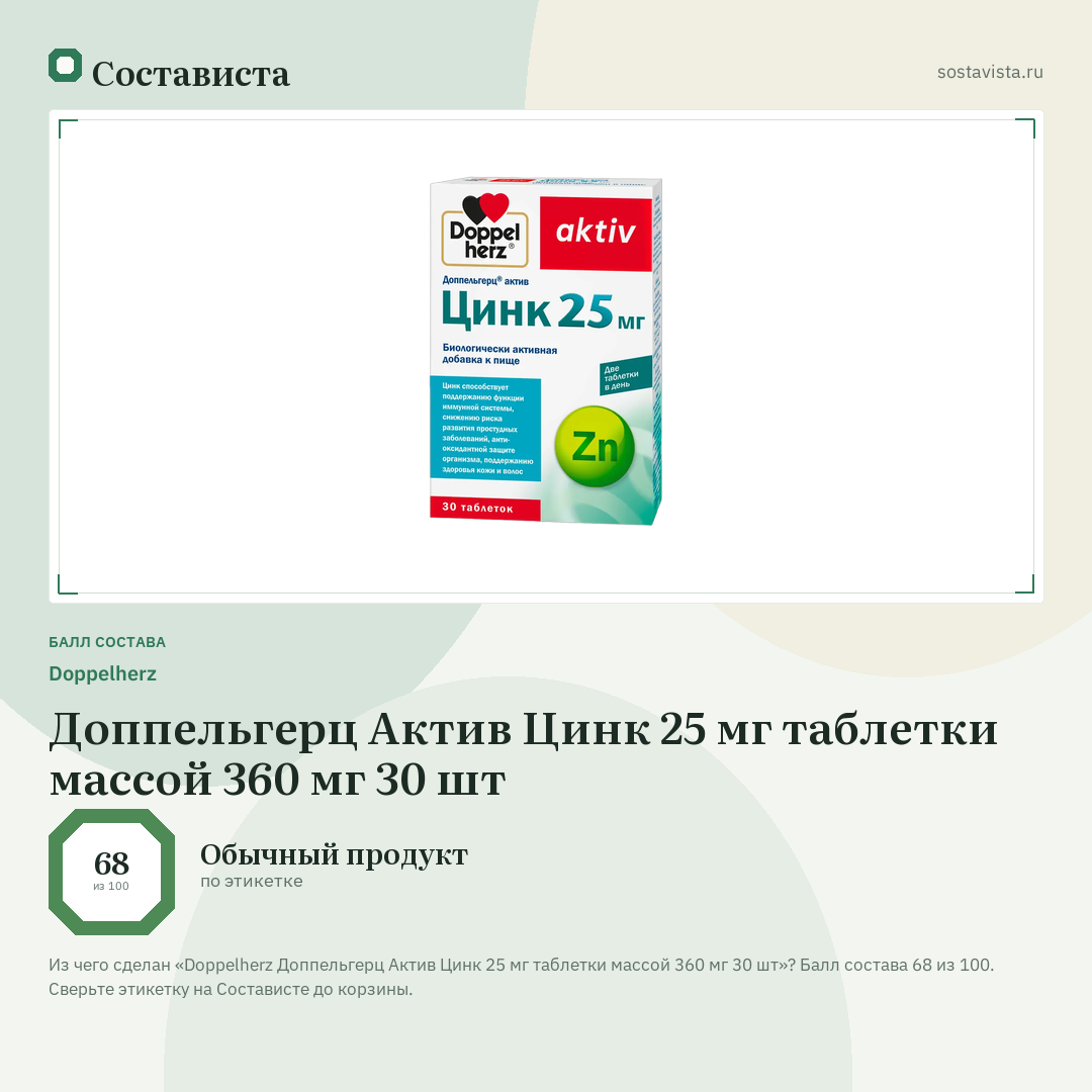 Doppelherz Доппельгерц Актив Цинк 25 мг таблетки массой 360 мг 30 шт: балл состава 68 из 100 — Состависта