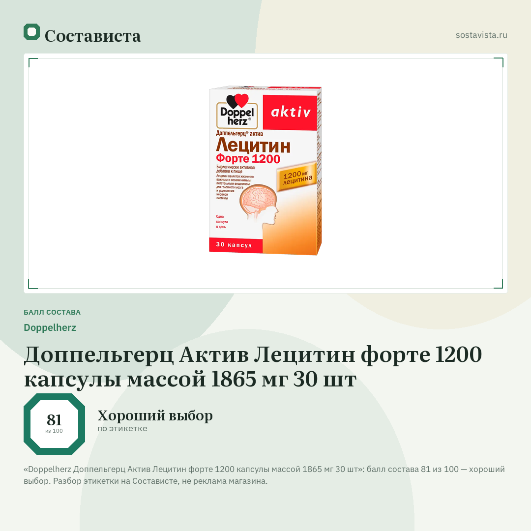 Doppelherz Доппельгерц Актив Лецитин форте 1200 капсулы массой 1865 мг 30 шт: балл состава 81 из 100 — Состависта