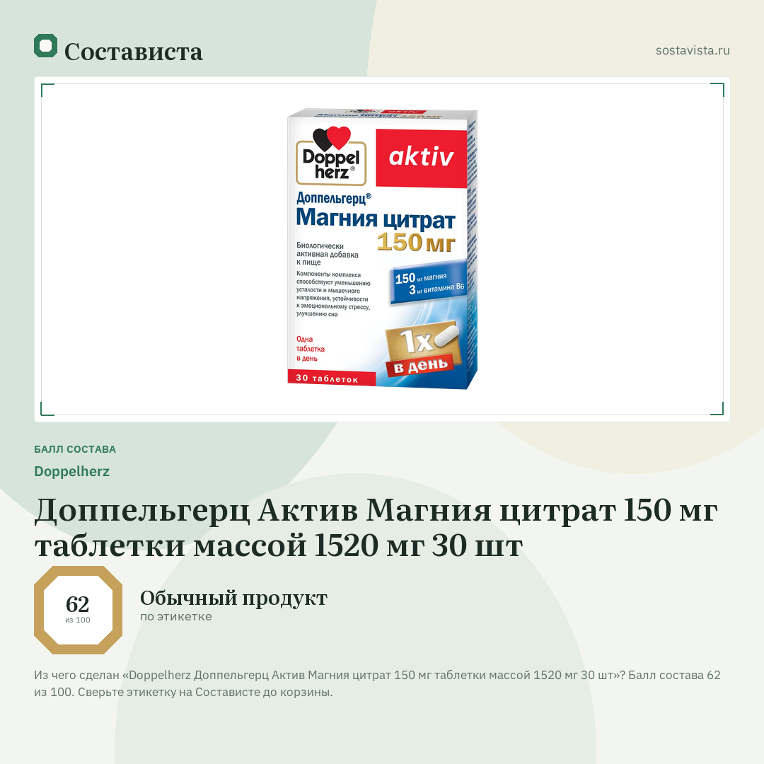 Doppelherz Доппельгерц Актив Магния цитрат 150 мг таблетки массой 1520 мг 30 шт: балл состава 62 из 100 — Состависта