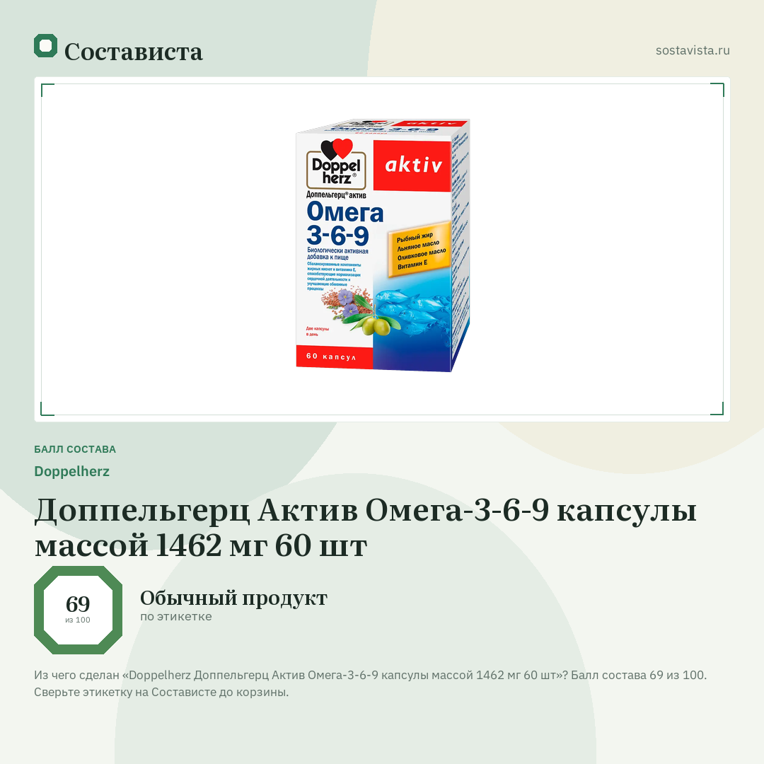 Doppelherz Доппельгерц Актив Омега-3-6-9 капсулы массой 1462 мг 60 шт: балл состава 69 из 100 — Состависта