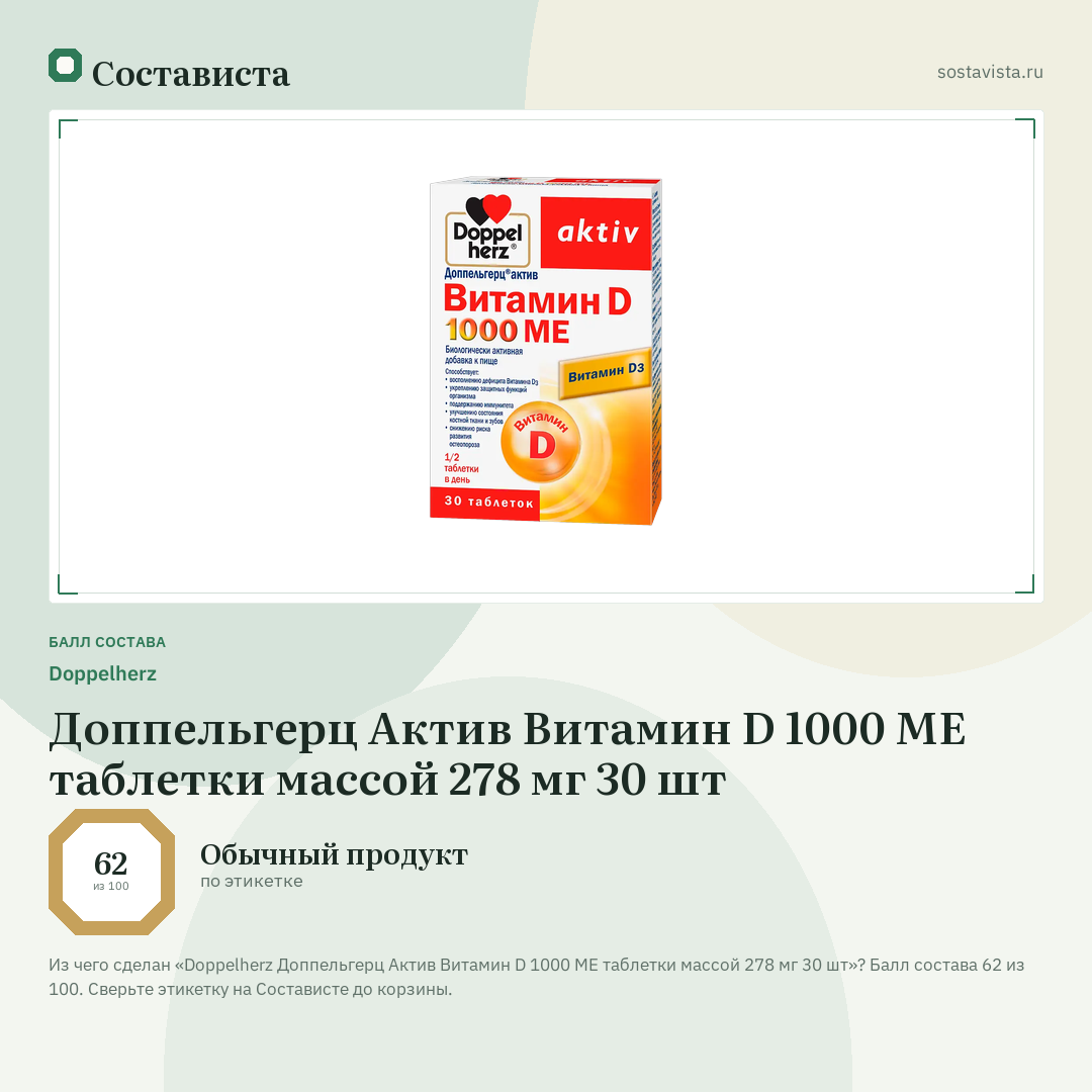 Doppelherz Доппельгерц Актив Витамин D 1000 ME таблетки массой 278 мг 30 шт: балл состава 62 из 100 — Состависта