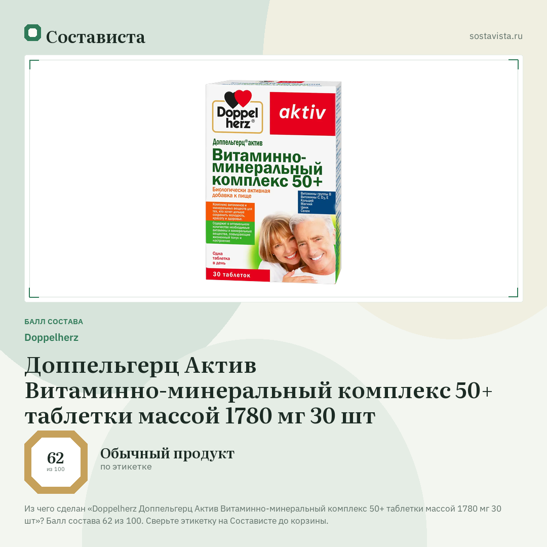 Doppelherz Доппельгерц Актив Витаминно-минеральный комплекс 50+ таблетки массой 1780 мг 30 шт: балл состава 62 из 100 — Состависта