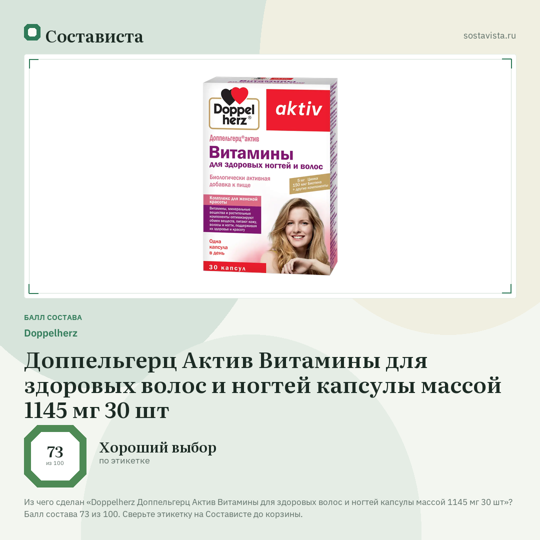 Doppelherz Доппельгерц Актив Витамины для здоровых волос и ногтей капсулы массой 1145 мг 30 шт: балл состава 73 из 100 — Состависта