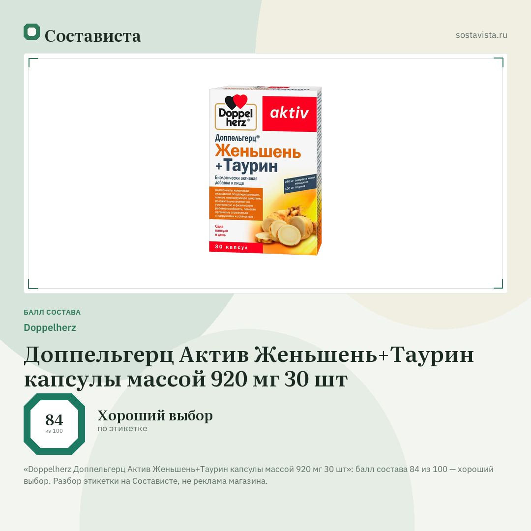 Doppelherz Доппельгерц Актив Женьшень+Таурин капсулы массой 920 мг 30 шт: балл состава 84 из 100 — Состависта