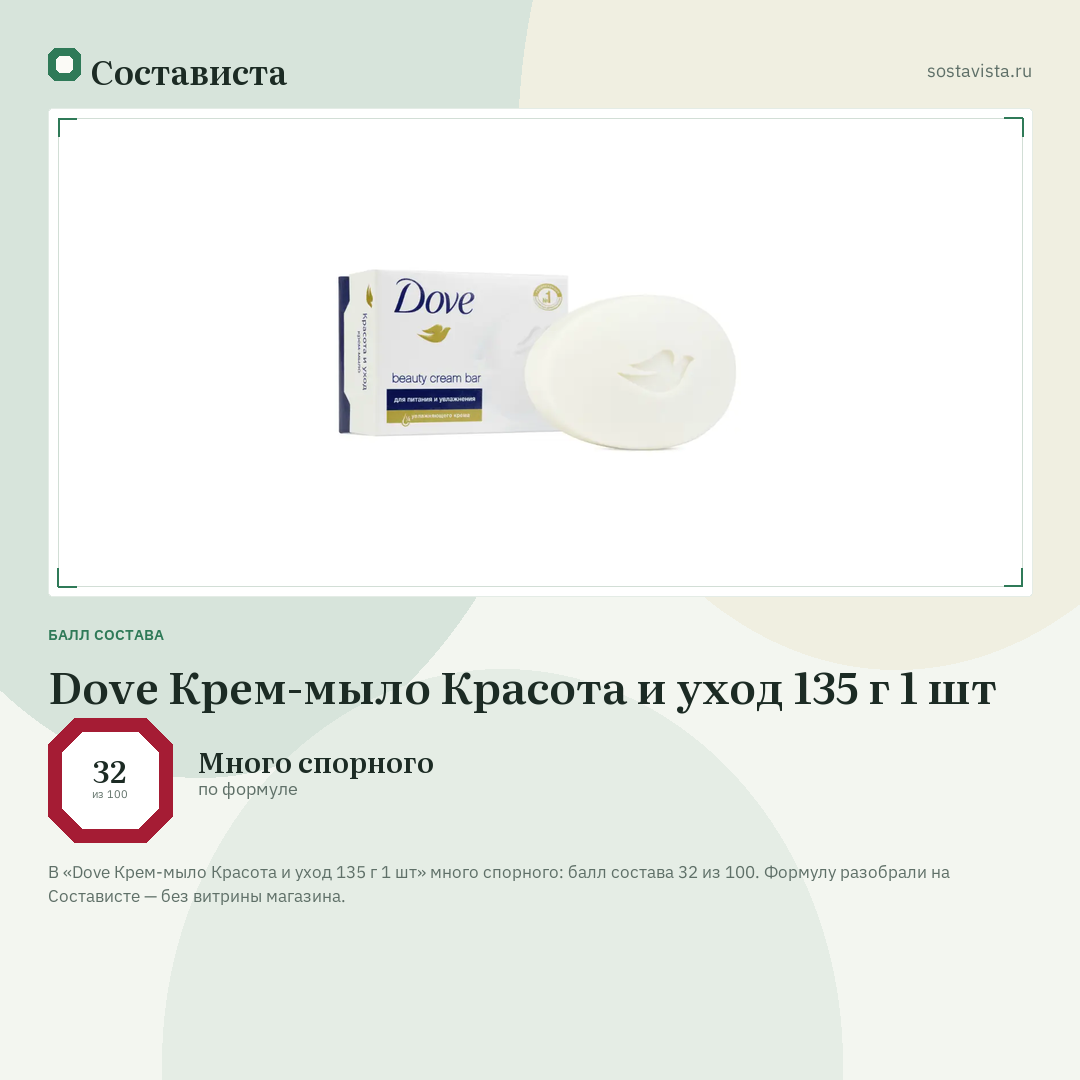 Dove Крем-мыло Красота и уход 135 г 1 шт: балл состава 32 из 100 — Состависта