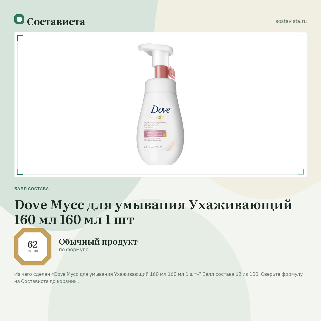 Dove Мусс для умывания Ухаживающий 160 мл 160 мл 1 шт: балл состава 62 из 100 — Состависта
