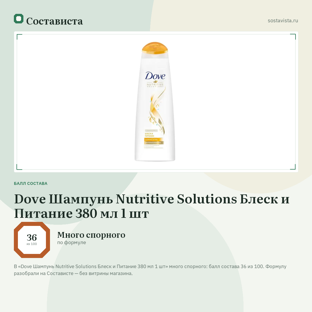 Dove Шампунь Nutritive Solutions Блеск и Питание 380 мл 1 шт: балл состава 36 из 100 — Состависта