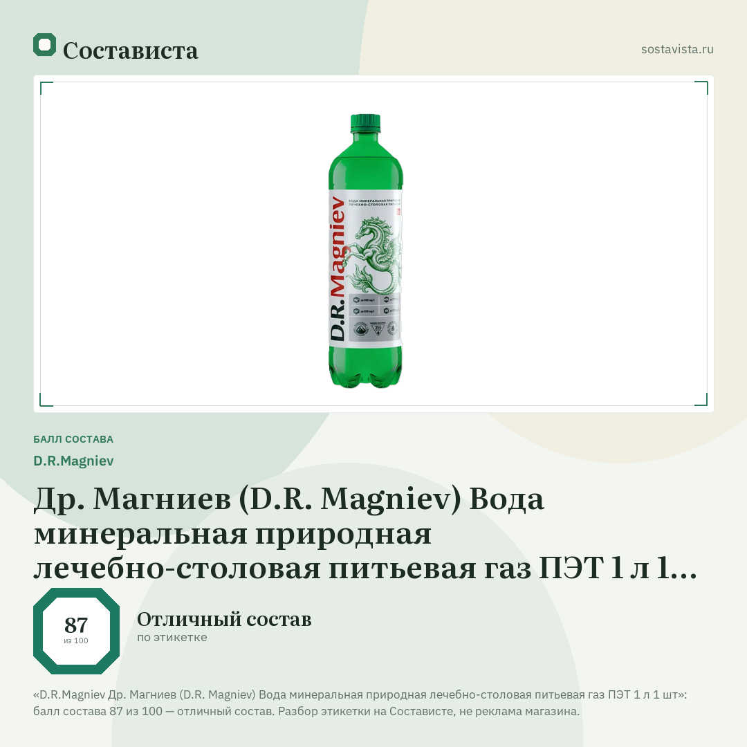 D.R.Magniev Др. Магниев (D.R. Magniev) Вода минеральная природная лечебно-столовая питьевая газ ПЭТ 1 л 1 шт: балл состава 87 из 100 — Состависта