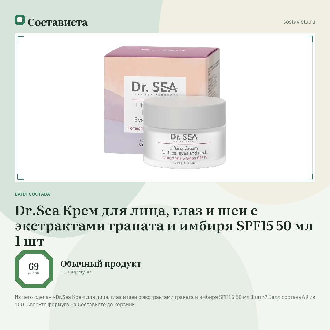 Dr.Sea Крем для лица, глаз и шеи с экстрактами граната и имбиря SPF15 50 мл 1 шт: балл состава 69 из 100 — Состависта