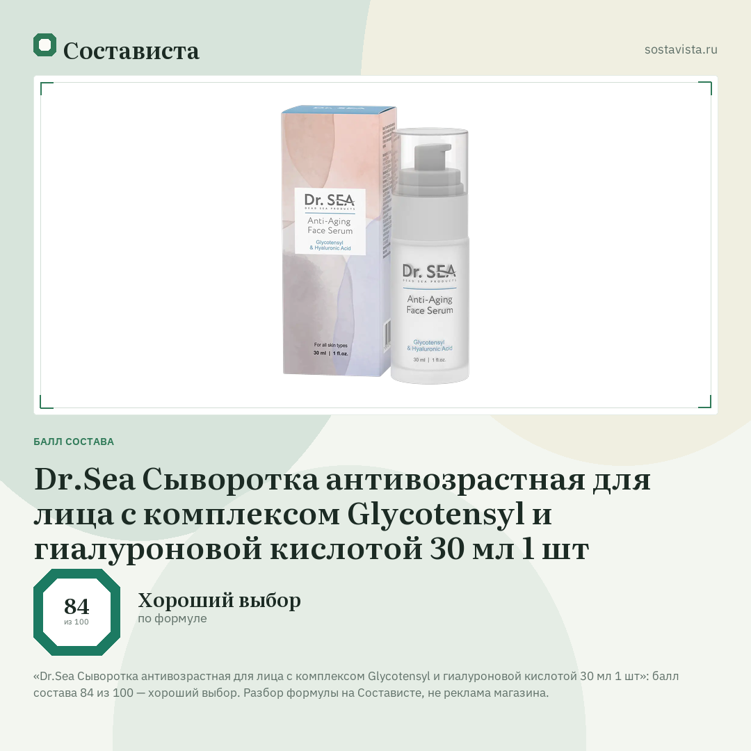 Dr.Sea Сыворотка антивозрастная для лица с комплексом Glycotensyl и гиалуроновой кислотой 30 мл 1 шт: балл состава 84 из 100 — Состависта