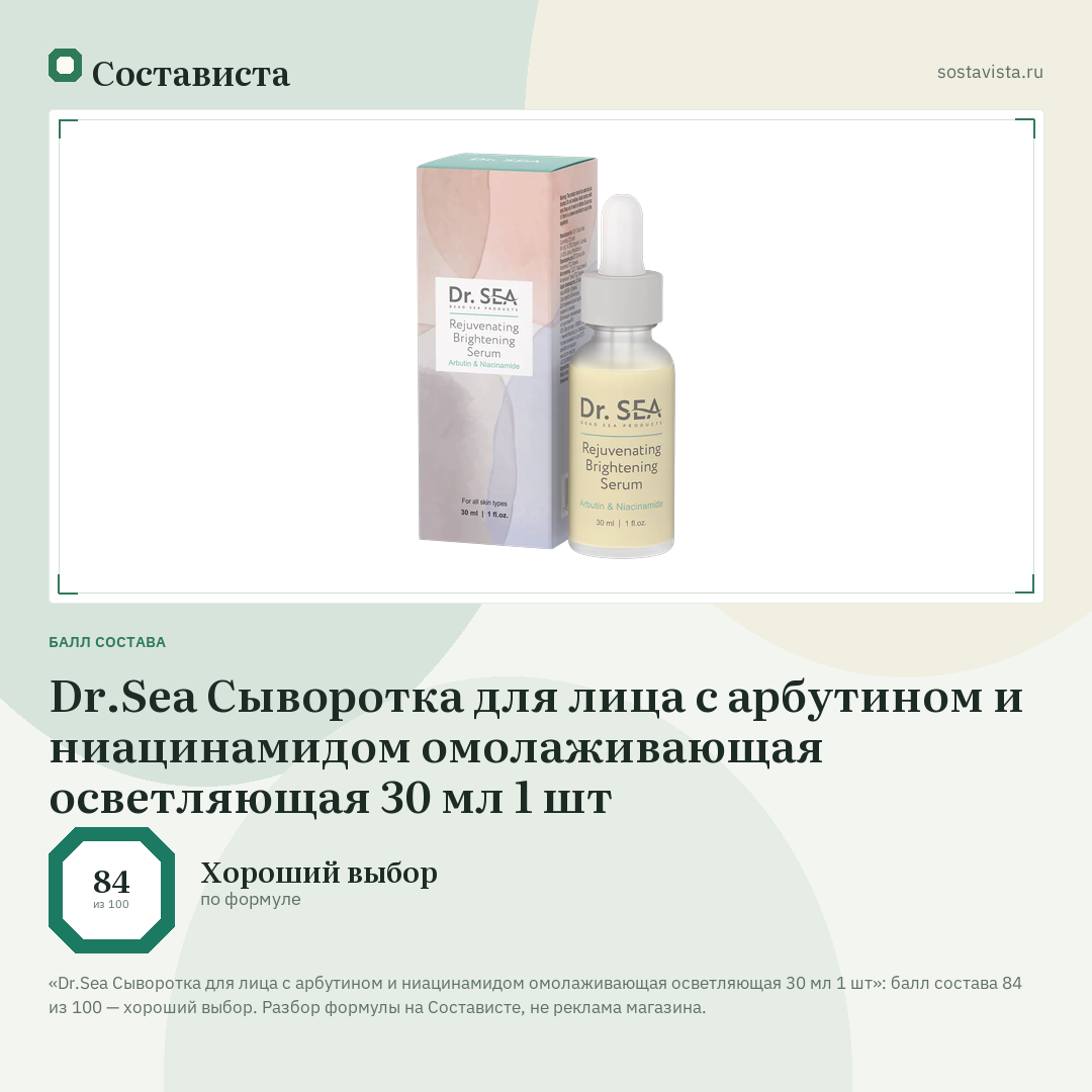 Dr.Sea Сыворотка для лица с арбутином и ниацинамидом омолаживающая осветляющая 30 мл 1 шт: балл состава 84 из 100 — Состависта
